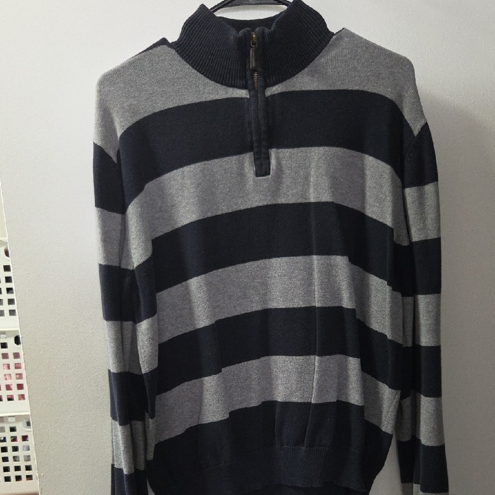 Men's V-Neck Striped Sweater - Black and Gray